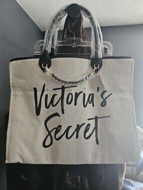 Victoria's Secret Beige Canvas Tote with Black Script and Handles